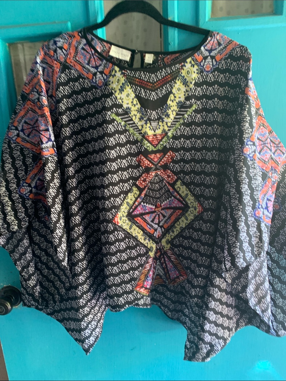 Bisou Bisou Black Tunic with Neon Multicolor Geometric Embroidery